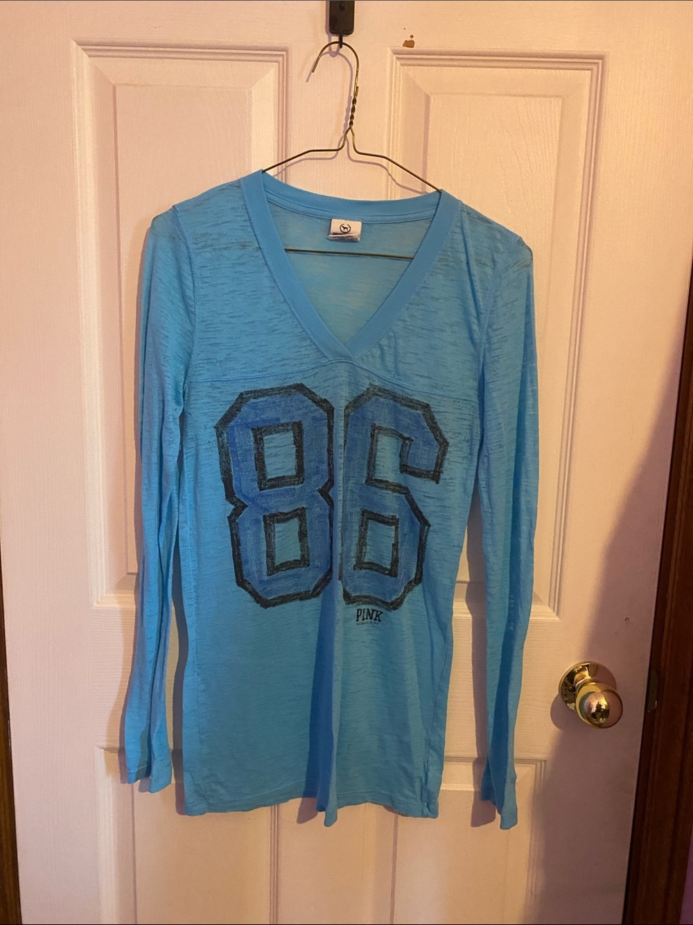 PINK Victoria's Secret Light Blue V-Neck Long-Sleeve '86' Tee
